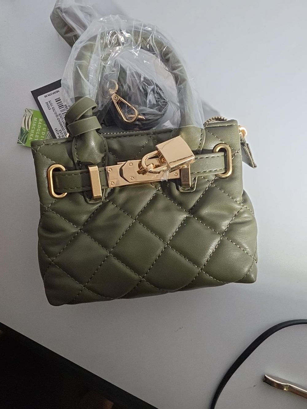 Quilted Olive Green Mini Satchel with Gold-Tone Lock